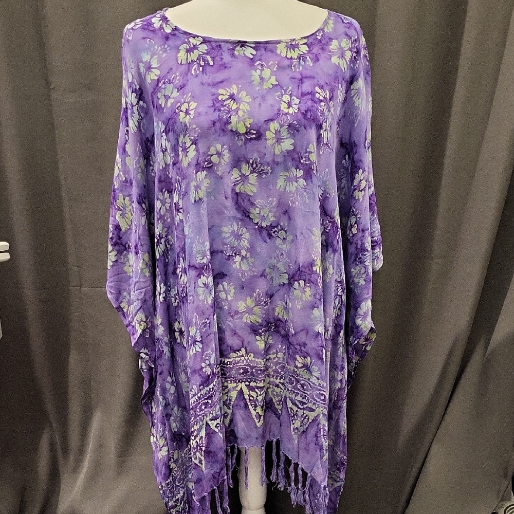 Purple Floral Poncho with Fringe